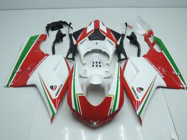 2007-2014 White and Red with Green Stripe Ducati 848 1098 1198 Motorcylce Fairings